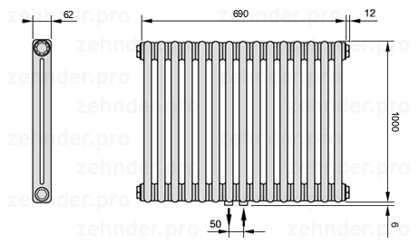 Схема (чертеж) Радиатор Zehnder Charleston 2100/15 №5410 Белый глянцевый RAL 9016